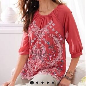 Soft Surroundings Embroidered Peasant Top - Color Brick Size Medium